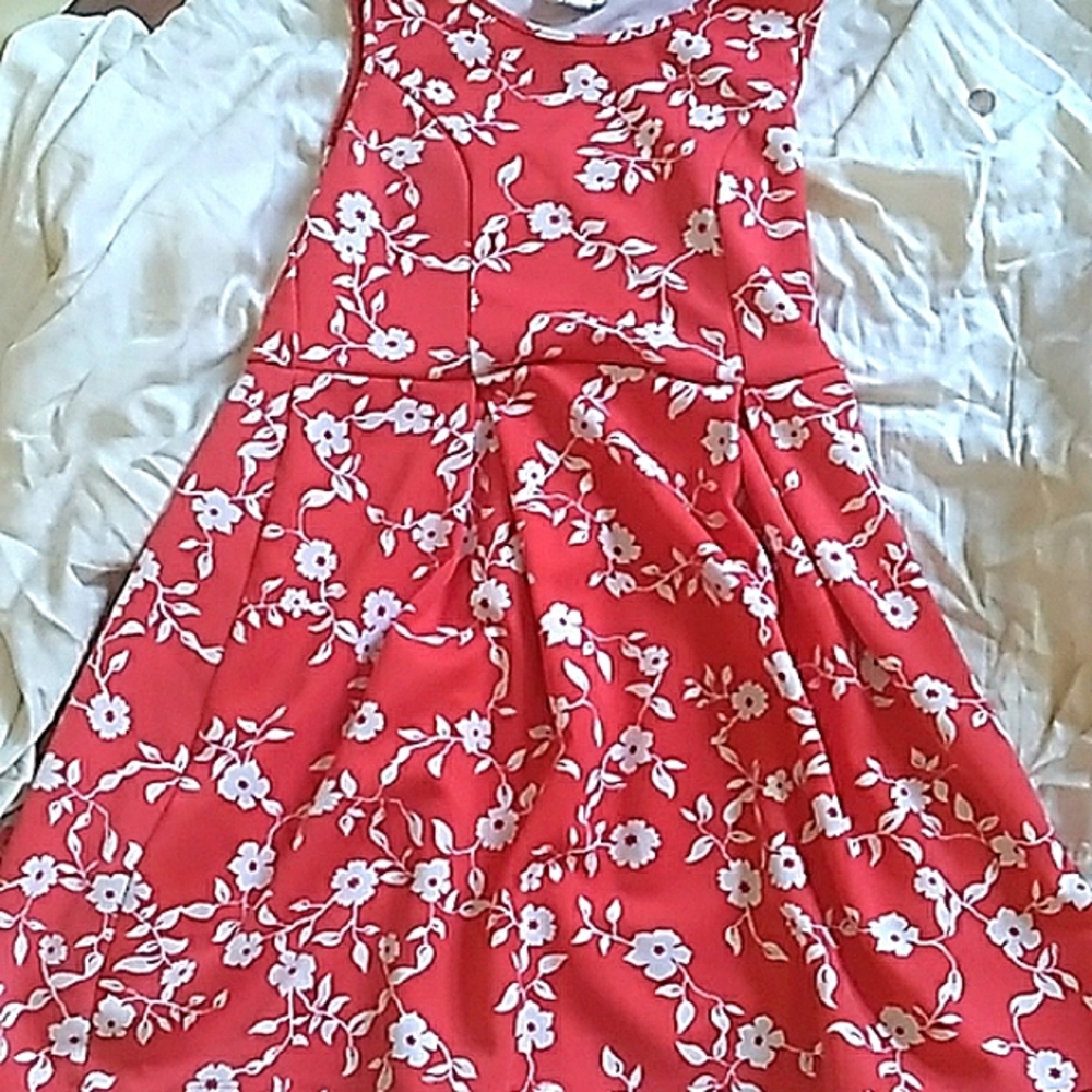 Coral red dresses midi with white flowers on top. Forever21